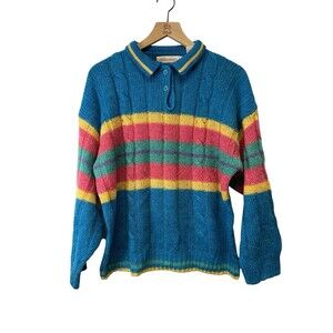 Vintage Lady De Rotchild Blue Stripe Cable Knit Collared Sweater Women's Size 42